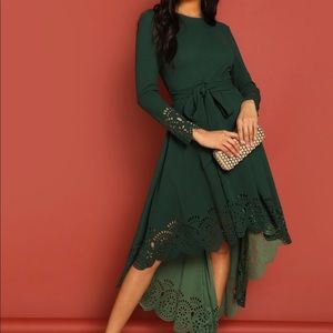 Green Laser Cut Scalloped Cut Trim Dress